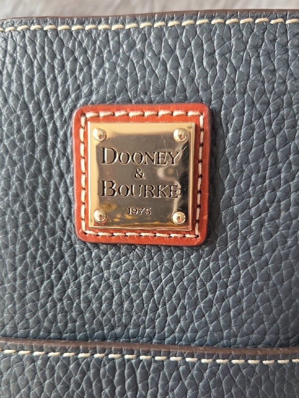 Dooney & Bourke Dark Blue Tote with Brown Trim and Straps - Picture 3 of 10
